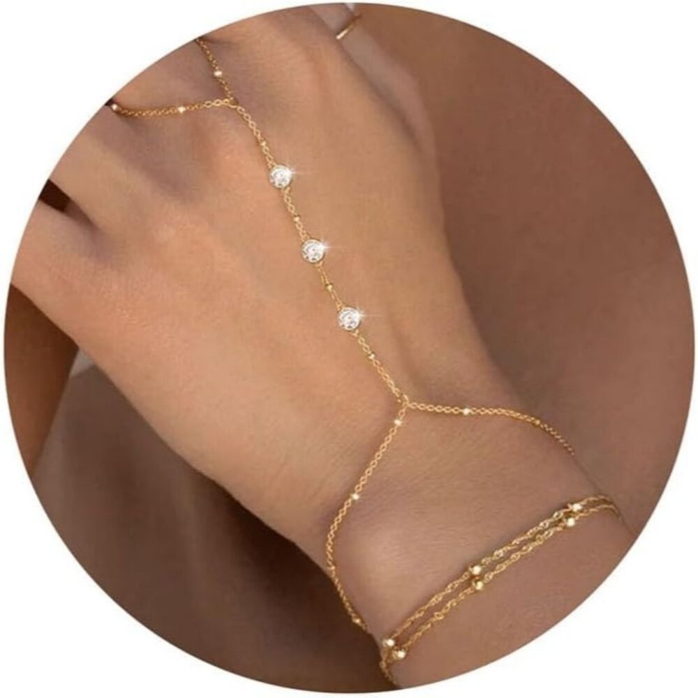 Hand Chain Bracelet Ring Hand Chain 2 PCS 14K Dainty Finger Jewelry - Picture 1 of 9
